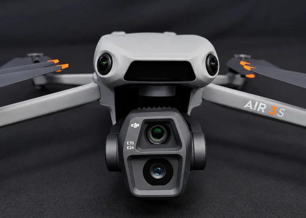 Close-up of the DJI Air 3S camera and gimbal